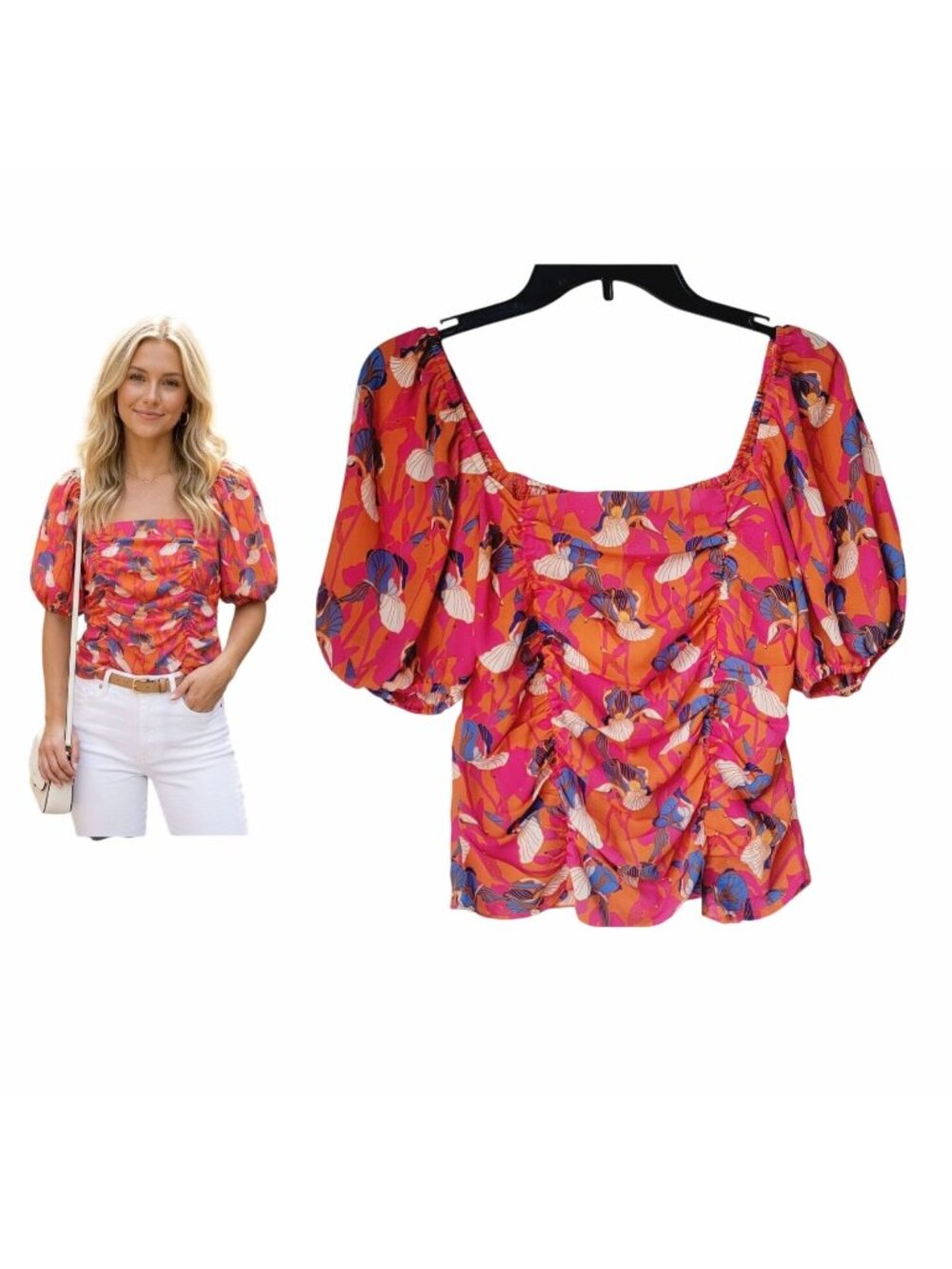 ❤️Rose+Olive Womens Blouse Sz S Floral Rouched globe Sleeve Crop top Orange New